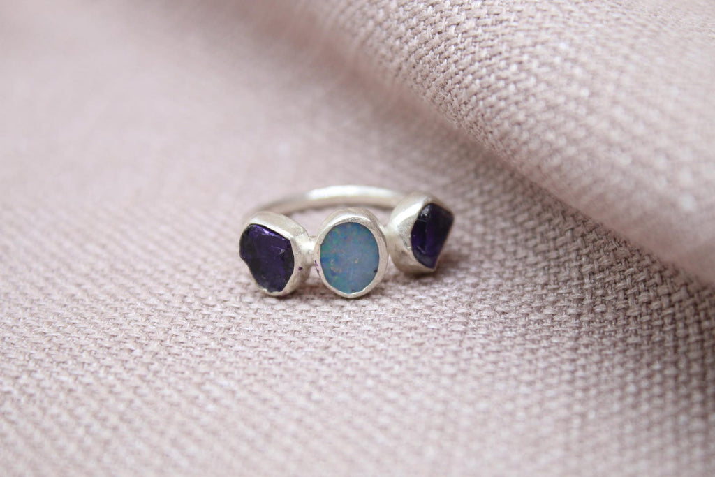 Handmade Opal & Raw Amethyst Ring Sterling Silver Triple Stone Statement Ring