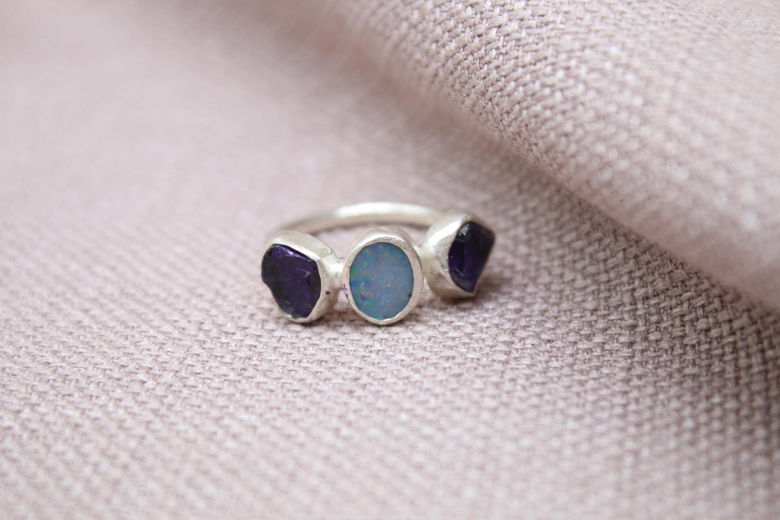 Handmade Opal & Raw Amethyst Ring Sterling Silver Triple Stone Statement Ring