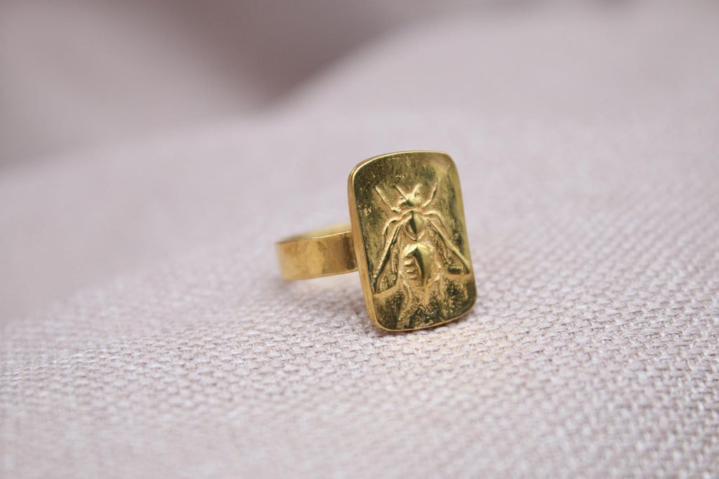 Handmade Bee Coin Ring Sterling Silver Bronze Coin Signet Statement Ring