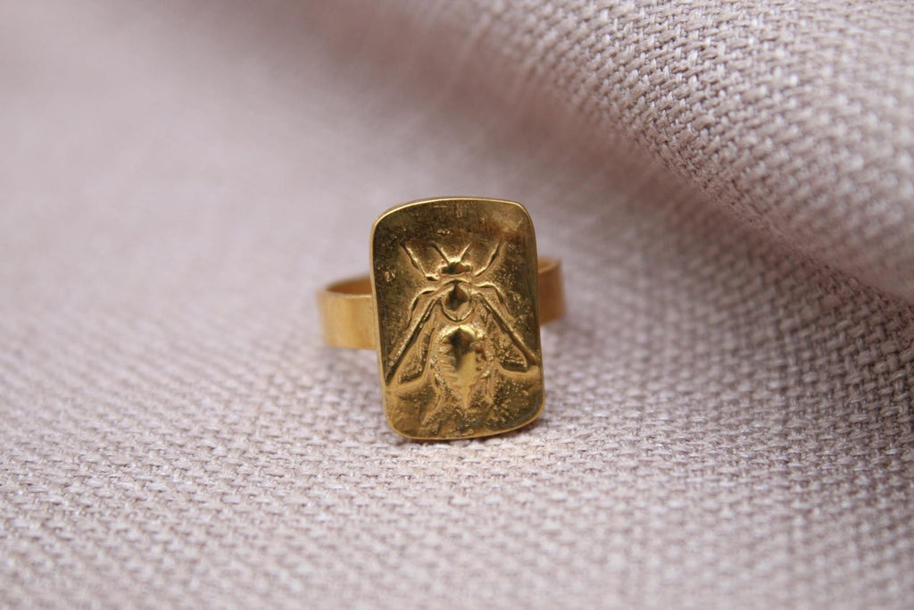 Handmade Bee Coin Ring Sterling Silver Bronze Coin Signet Statement Ring
