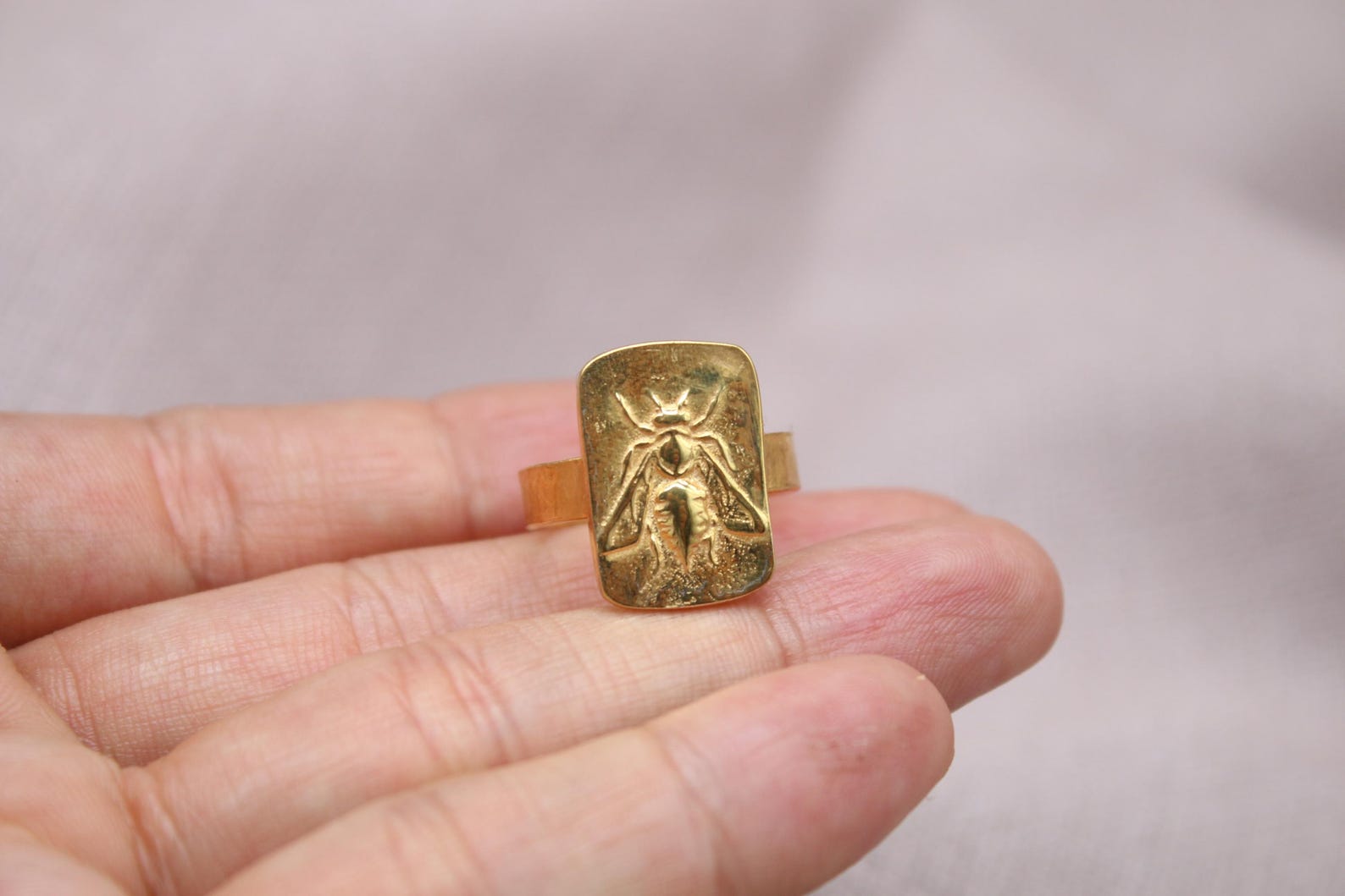 Handmade Bee Coin Ring Sterling Silver Bronze Coin Signet Statement Ring