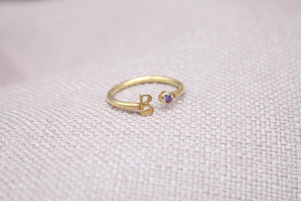 Personalized Letter Birthstone Ring Adjustable Sterling Silver Initial Ring Handmade