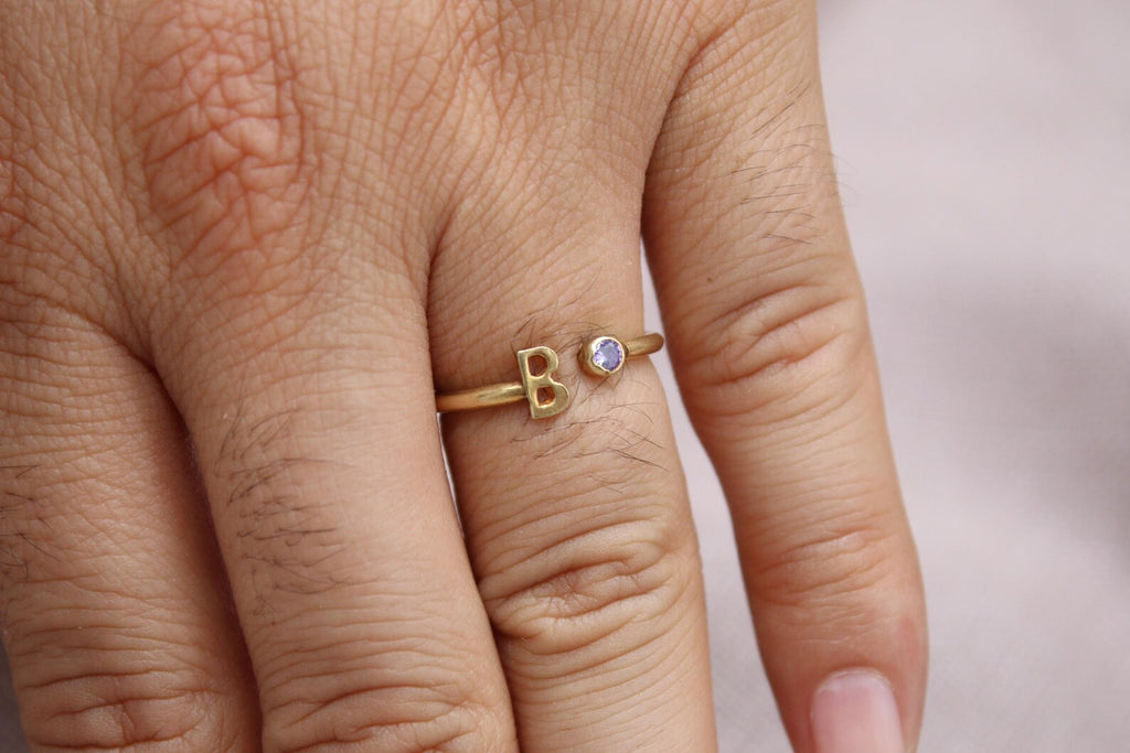 Personalized Letter Birthstone Ring Adjustable Sterling Silver Initial Ring Handmade