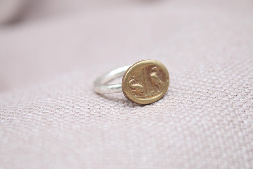 Handmade Bronze Coin Bird Ring Sterling Silver Nature Inspired Signet Ring