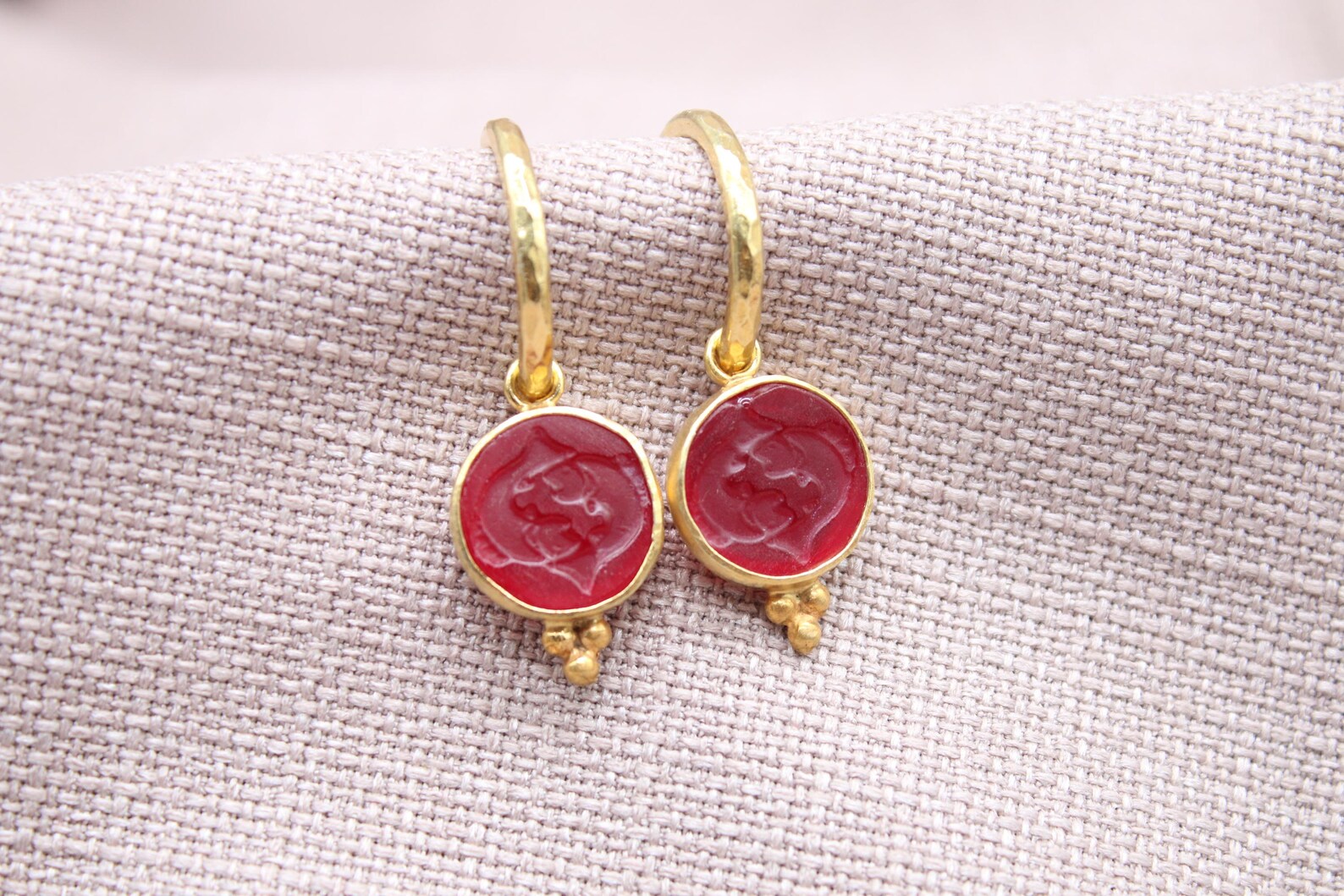 Pisces Intaglio Glass Hoop Earrings 22k Gold Plated 925 Sterling Silver Handmade