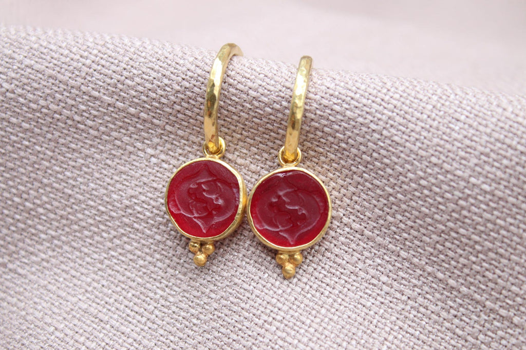 Pisces Intaglio Glass Hoop Earrings 22k Gold Plated 925 Sterling Silver Handmade