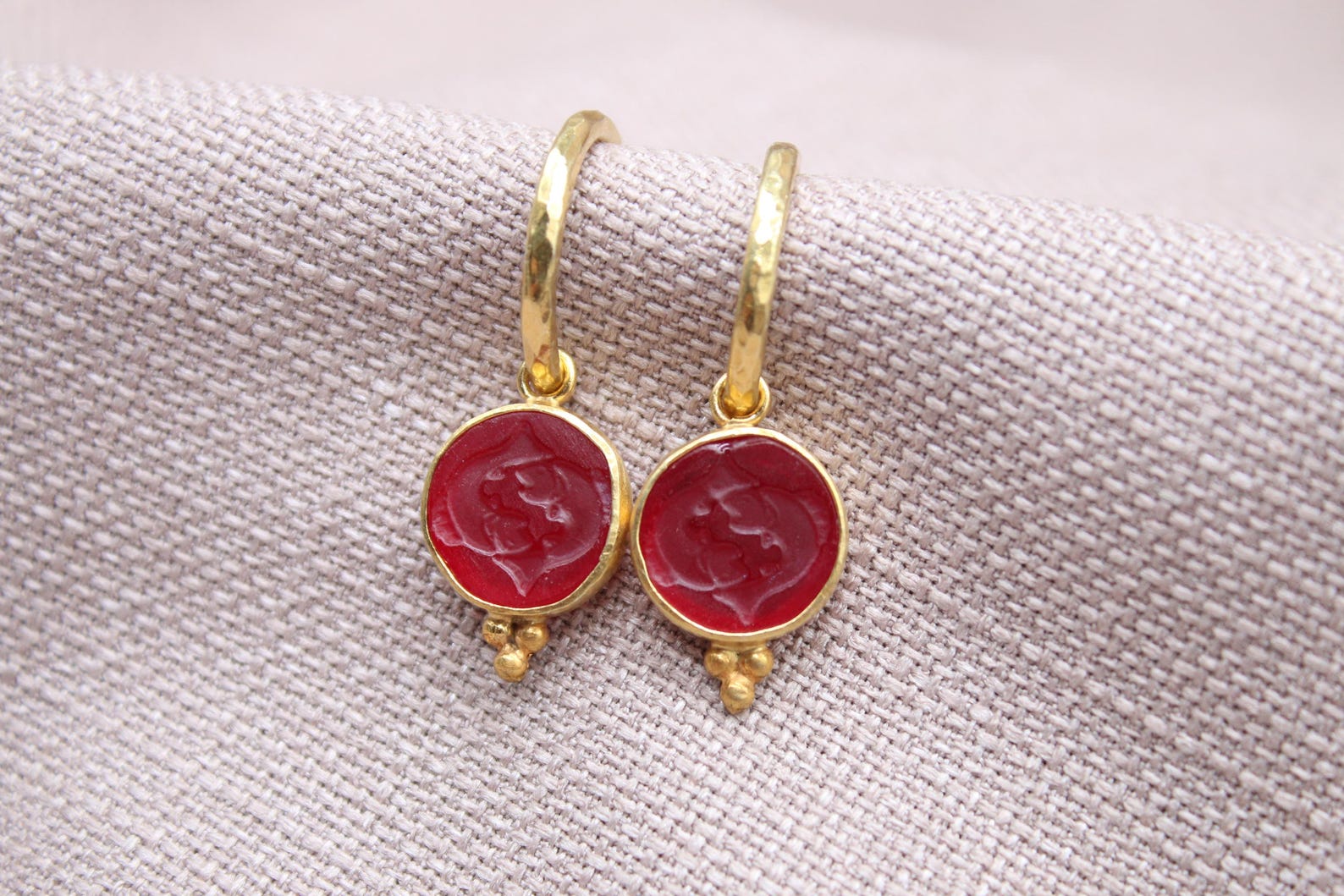 Pisces Intaglio Glass Hoop Earrings 22k Gold Plated 925 Sterling Silver Handmade