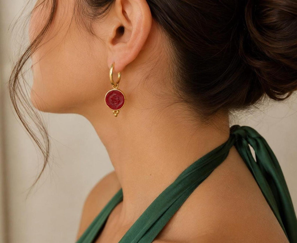 Pisces Intaglio Glass Hoop Earrings 22k Gold Plated 925 Sterling Silver Handmade