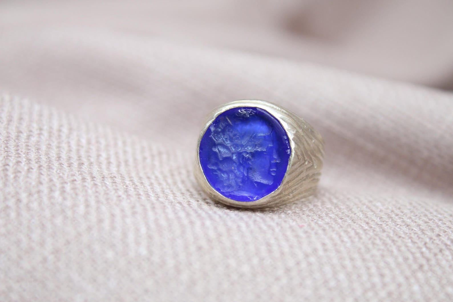 Blue Intaglio Glass Signet Ring Sterling Silver Handmade Artisan Statement Ring