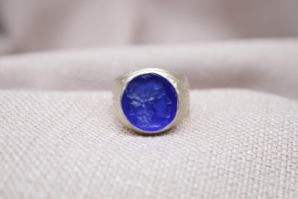 Blue Intaglio Glass Signet Ring Sterling Silver Handmade Artisan Statement Ring