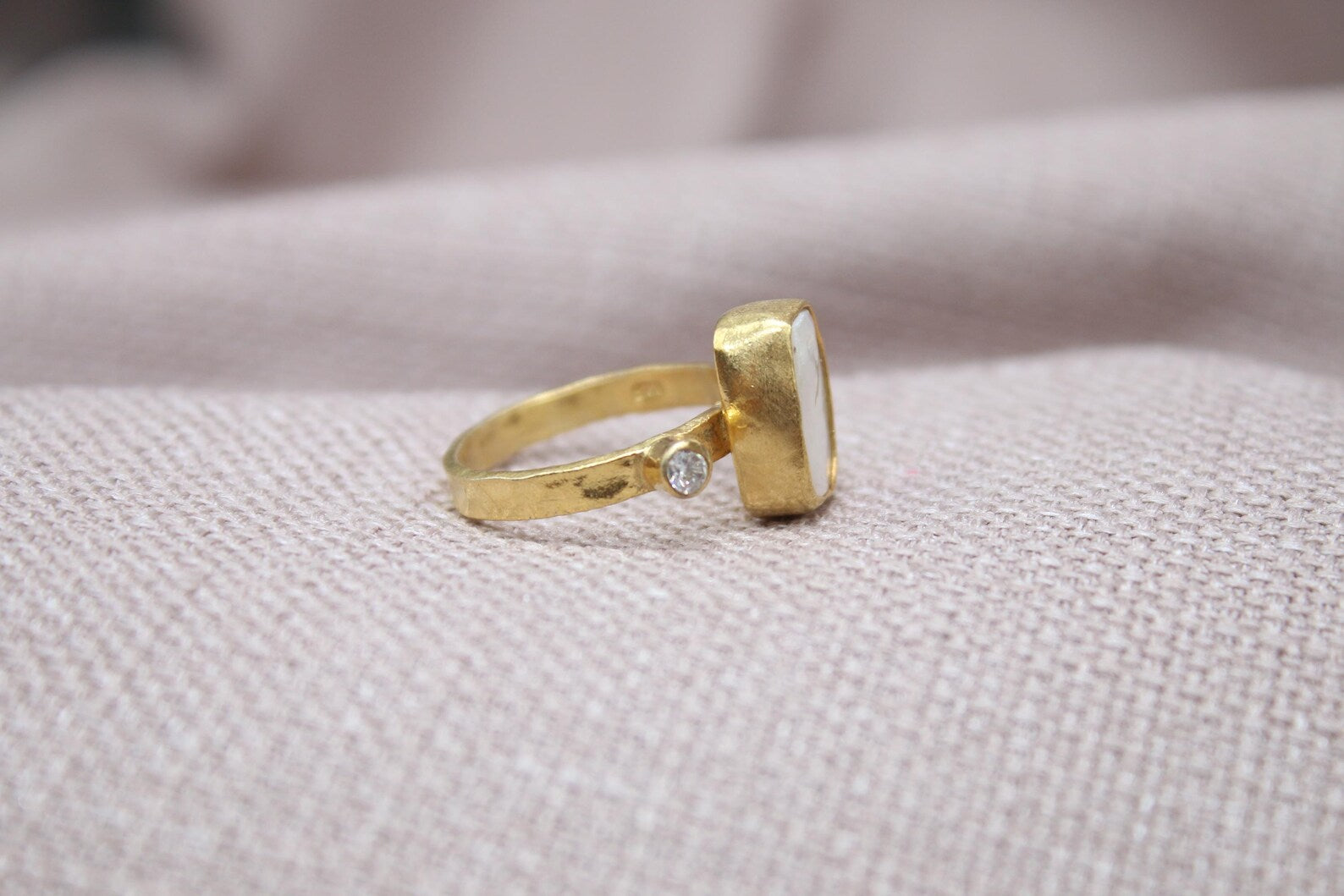 Pearl White Topaz Statement Ring 22k Gold Plated 925 Sterling Silver Handmade