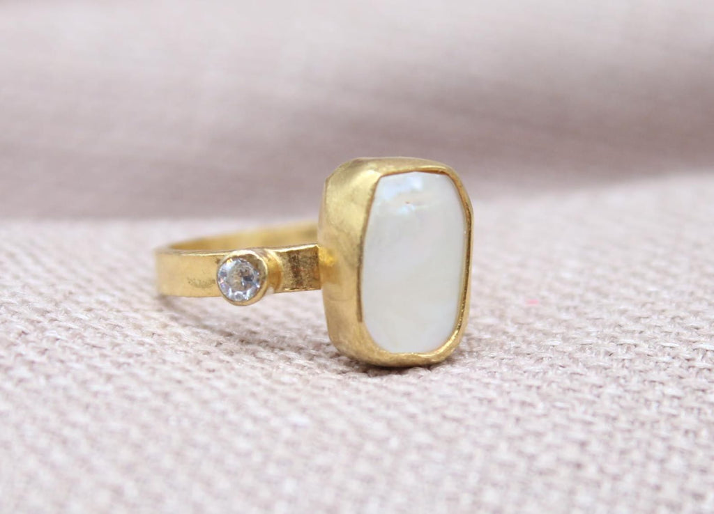 Pearl White Topaz Statement Ring 22k Gold Plated 925 Sterling Silver Handmade