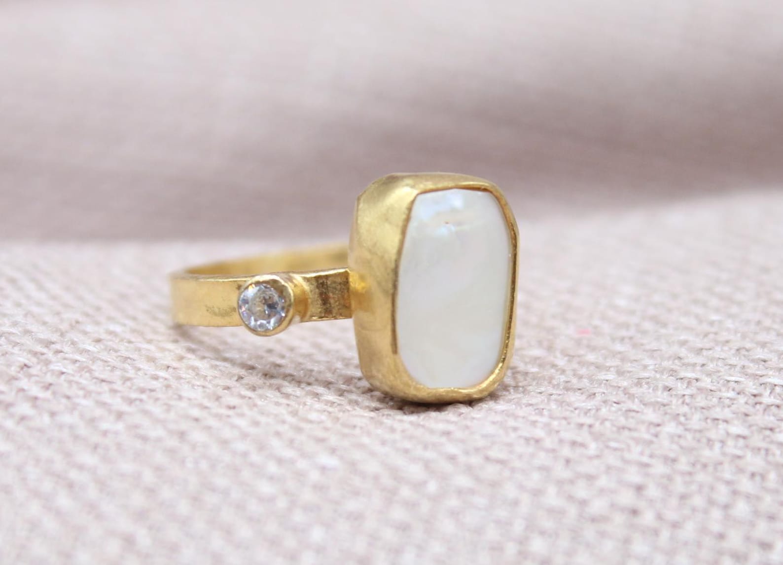 Pearl White Topaz Statement Ring 22k Gold Plated 925 Sterling Silver Handmade