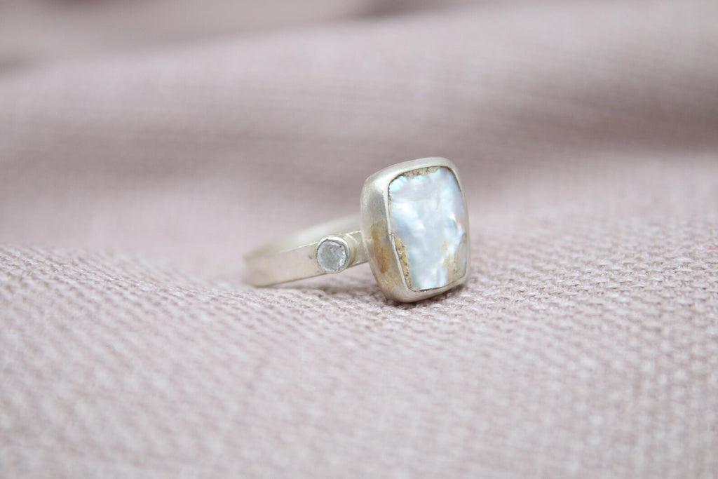 Pearl White Topaz Statement Ring 22k Gold Plated 925 Sterling Silver Handmade