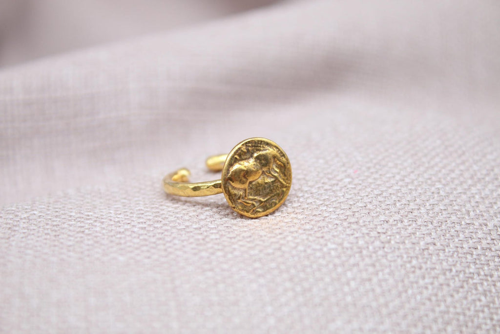 Horse Coin Open Ring 22k Gold Plated 925 Sterling Silver Handmade Statement Ring