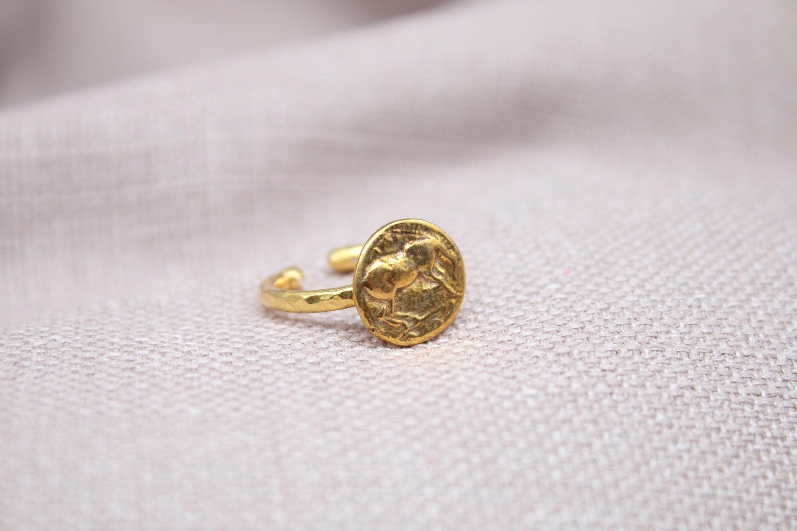 Horse Coin Open Ring 22k Gold Plated 925 Sterling Silver Handmade Statement Ring