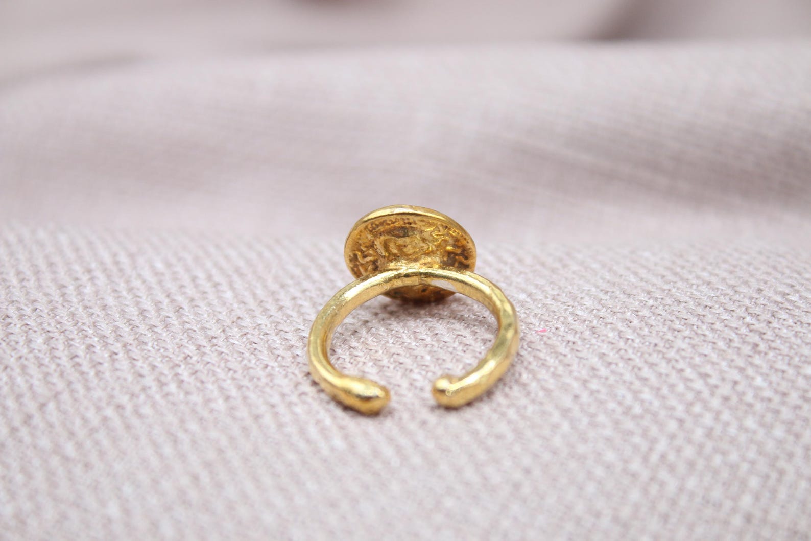 Horse Coin Open Ring 22k Gold Plated 925 Sterling Silver Handmade Statement Ring