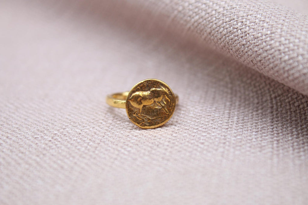 Horse Coin Open Ring 22k Gold Plated 925 Sterling Silver Handmade Statement Ring