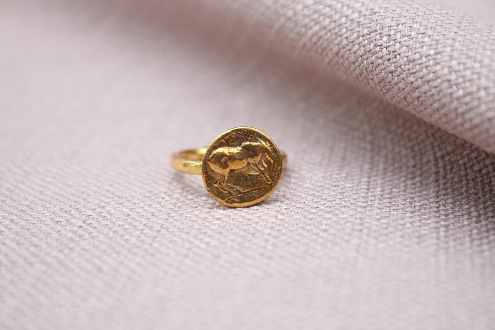 Horse Coin Open Ring 22k Gold Plated 925 Sterling Silver Handmade Statement Ring
