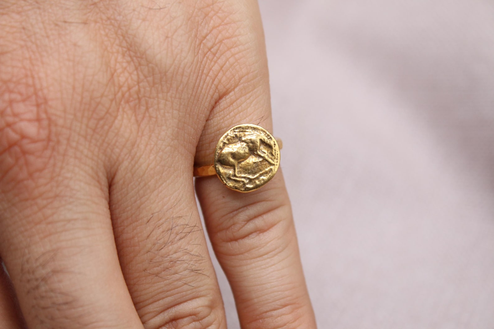 Horse Coin Open Ring 22k Gold Plated 925 Sterling Silver Handmade Statement Ring