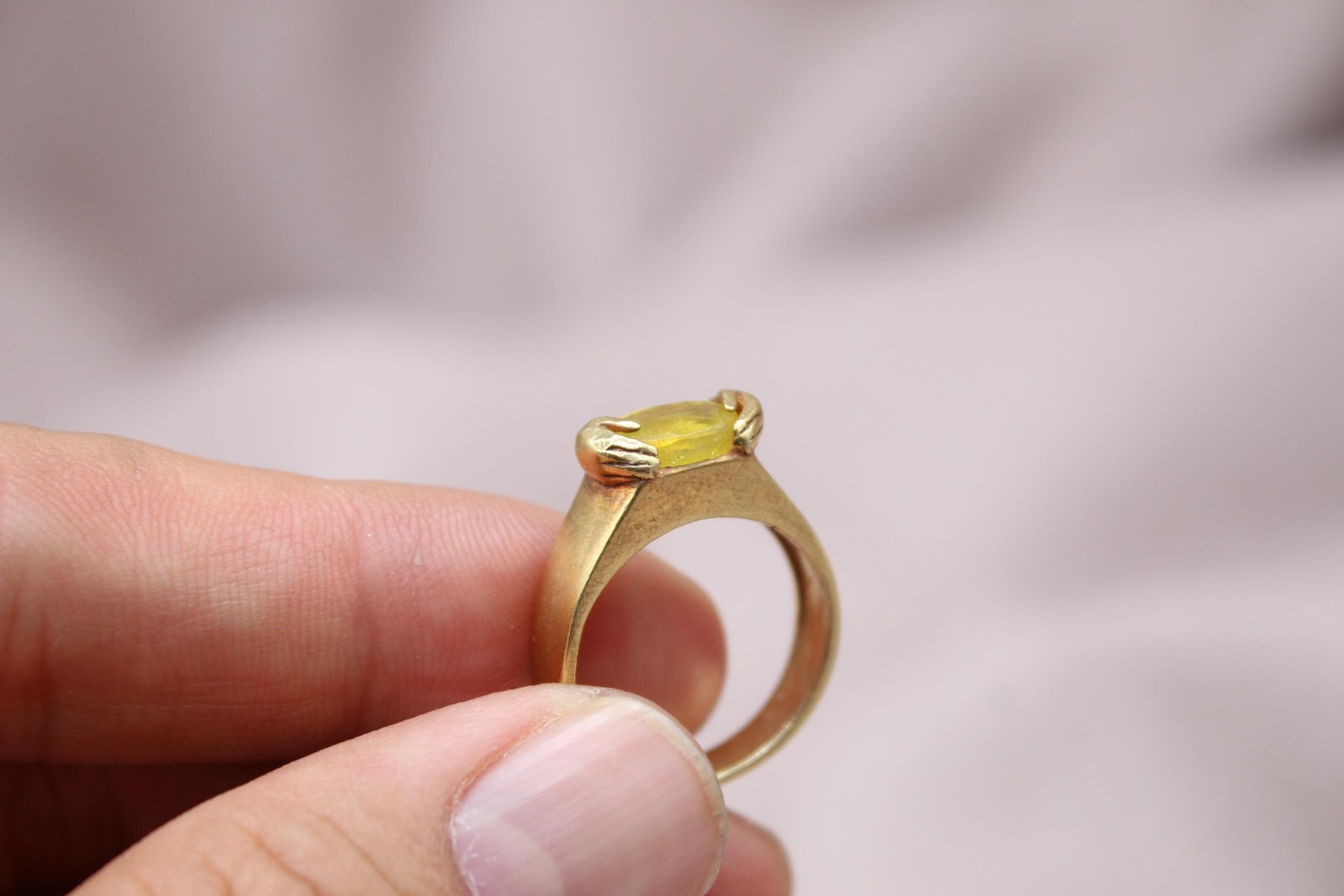 Natural Yellow Sapphire Ring 22K Gold Plated 925 Silver Vintage Statement Ring