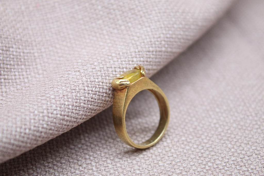 Natural Yellow Sapphire Ring 22K Gold Plated 925 Silver Vintage Statement Ring