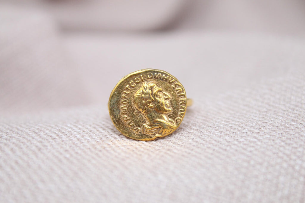 Roman Emperor Hadrian Coin Ring 22K Gold Plated 925 Sterling Silver Handmade Adjustable Ring