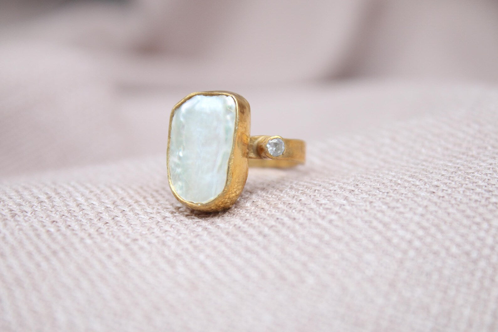Handmade Pearl Statement Ring 22K Gold Plated Sterling Silver Organic Pearl Ring