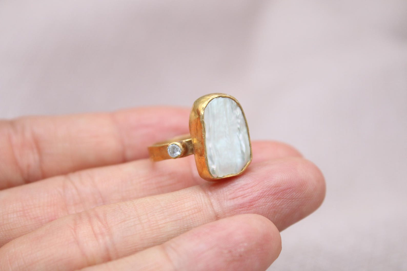 Handmade Pearl Statement Ring 22K Gold Plated Sterling Silver Organic Pearl Ring
