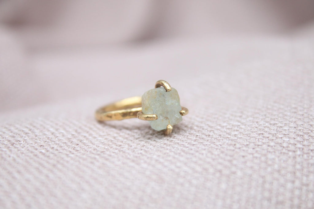 Raw Aquamarine Ring Handmade 22K Gold Plated Sterling Silver Natural Gemstone Ring