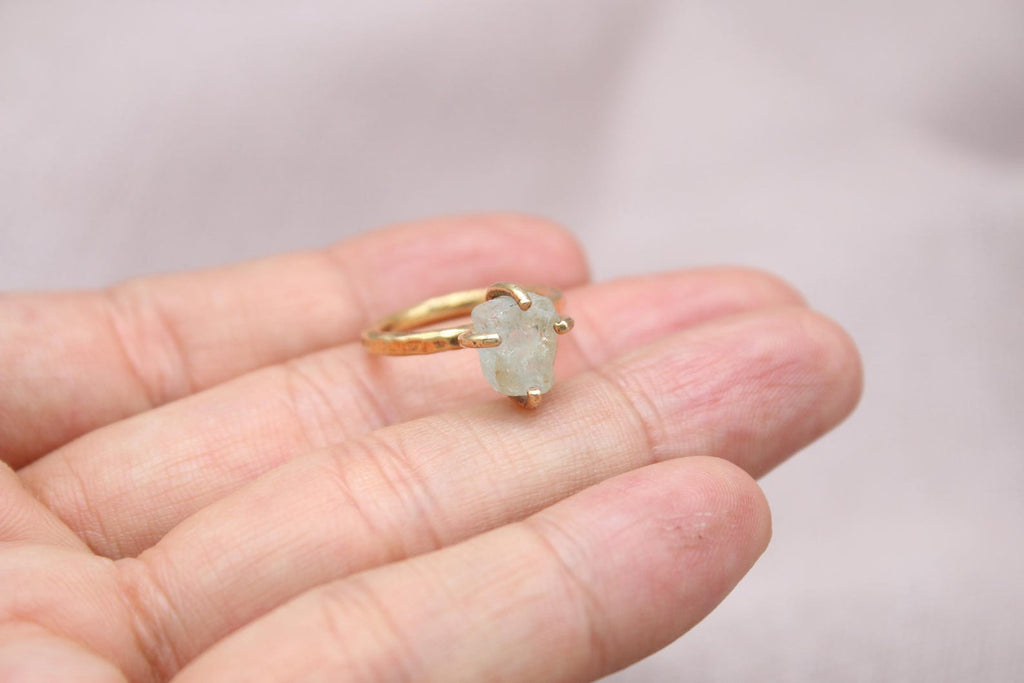 Raw Aquamarine Ring Handmade 22K Gold Plated Sterling Silver Natural Gemstone Ring