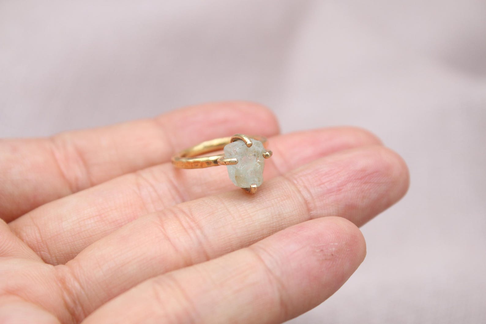 Raw Aquamarine Ring Handmade 22K Gold Plated Sterling Silver Natural Gemstone Ring