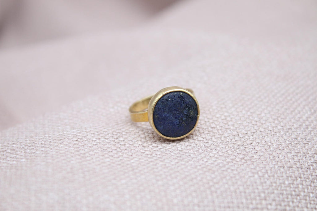 Lapis Lazuli Statement Ring Gold Plated Oval Stone Handmade Bold Jewelry