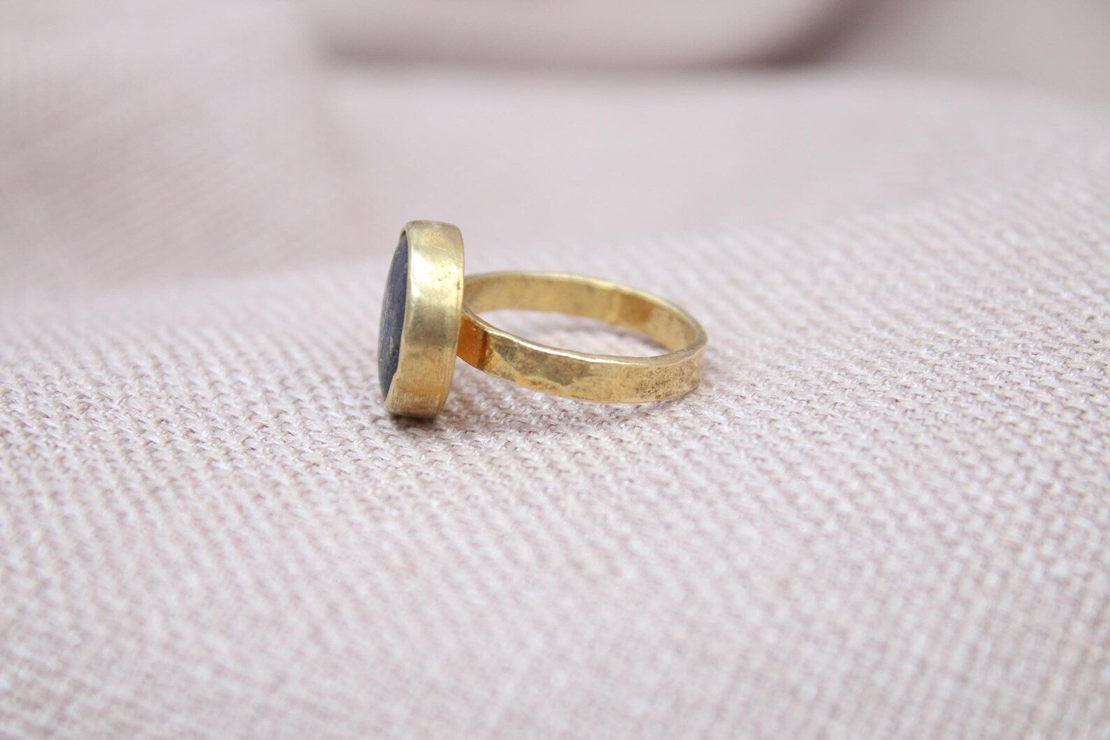 Lapis Lazuli Statement Ring Gold Plated Oval Stone Handmade Bold Jewelry