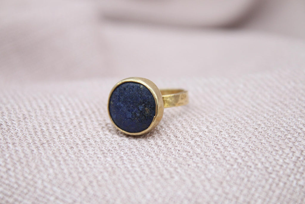 Lapis Lazuli Statement Ring Gold Plated Oval Stone Handmade Bold Jewelry
