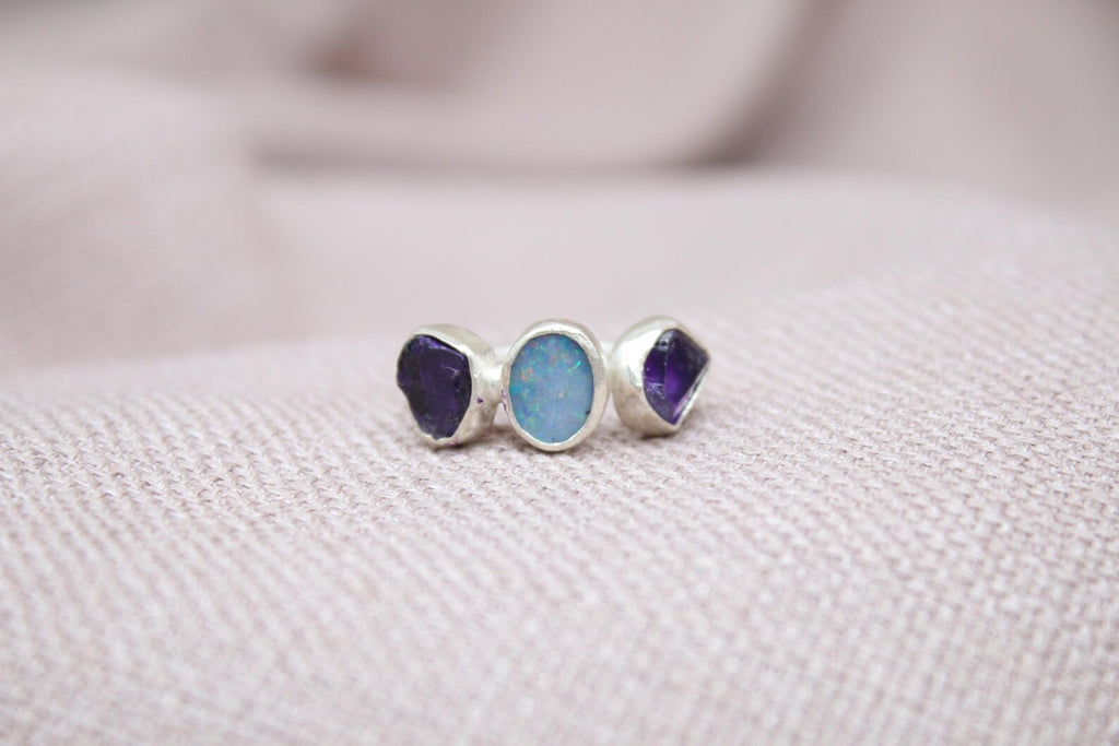 Handmade Opal & Raw Amethyst Ring Sterling Silver Triple Stone Statement Ring