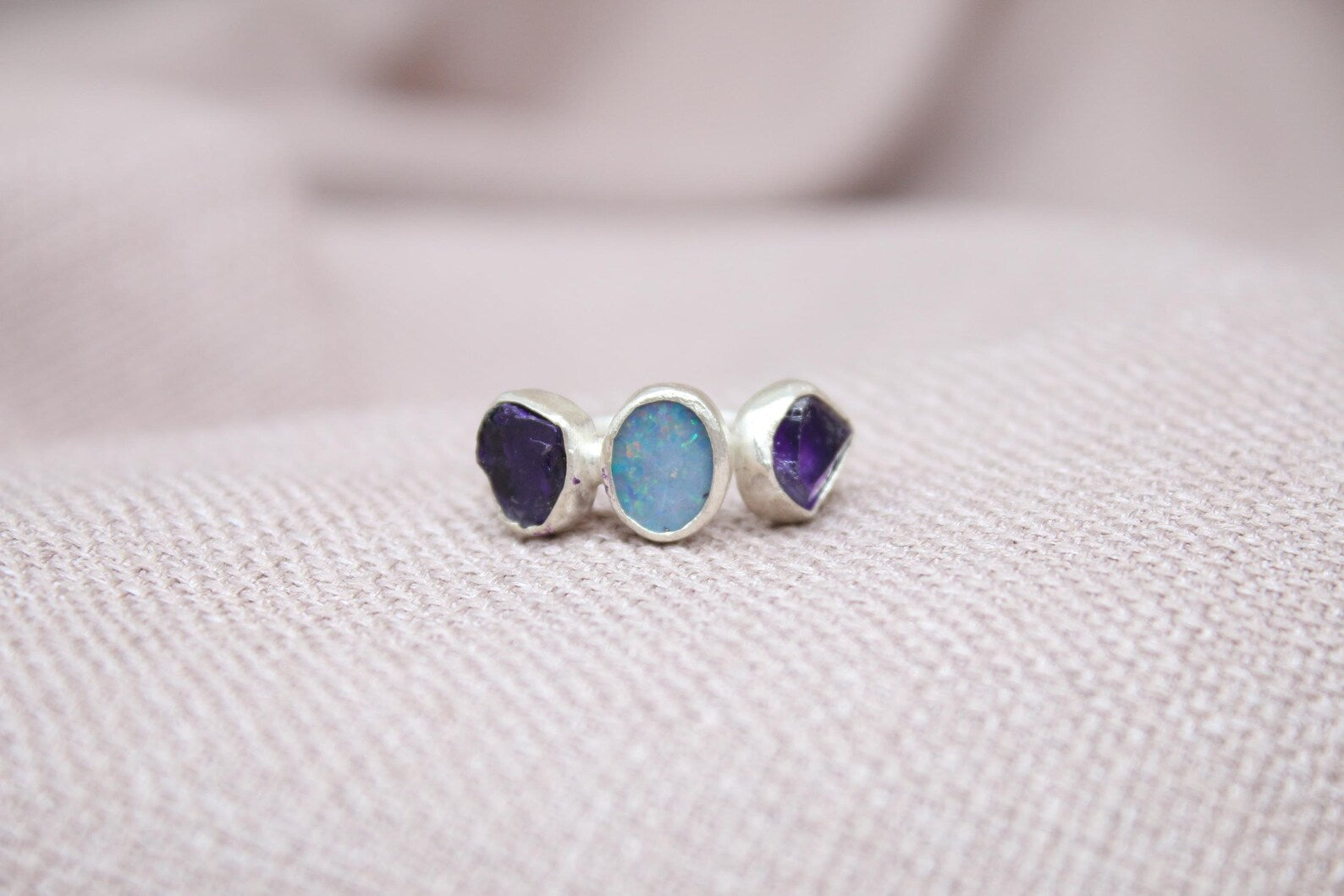 Handmade Opal & Raw Amethyst Ring Sterling Silver Triple Stone Statement Ring