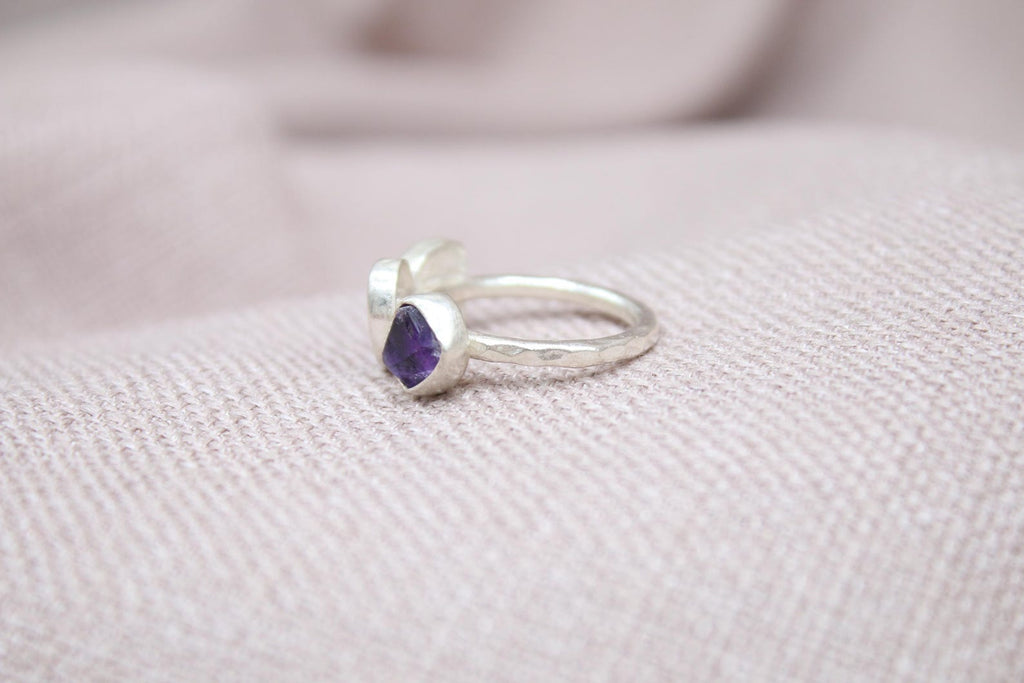 Handmade Opal & Raw Amethyst Ring Sterling Silver Triple Stone Statement Ring
