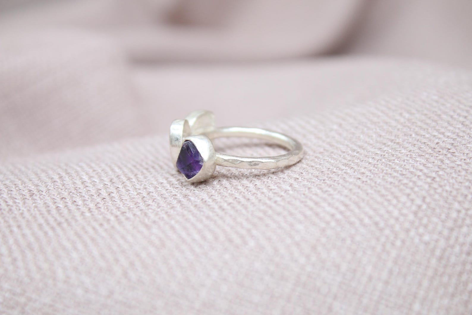 Handmade Opal & Raw Amethyst Ring Sterling Silver Triple Stone Statement Ring
