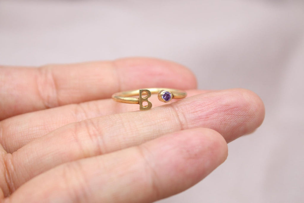 Personalized Letter Birthstone Ring Adjustable Sterling Silver Initial Ring Handmade