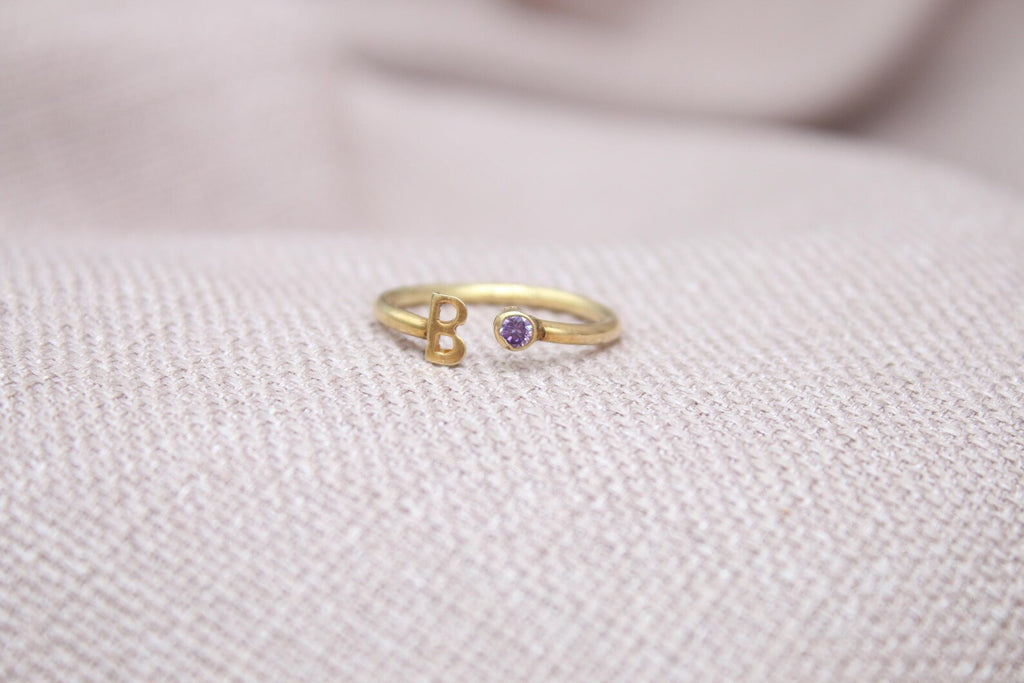 Personalized Letter Birthstone Ring Adjustable Sterling Silver Initial Ring Handmade