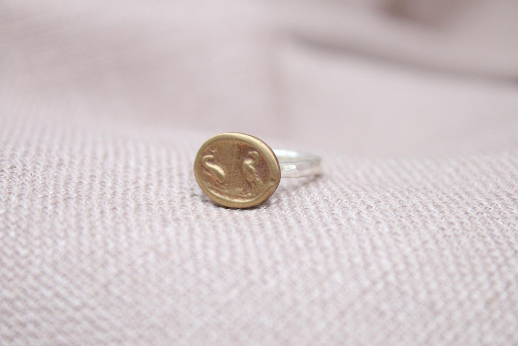 Handmade Bronze Coin Bird Ring Sterling Silver Nature Inspired Signet Ring