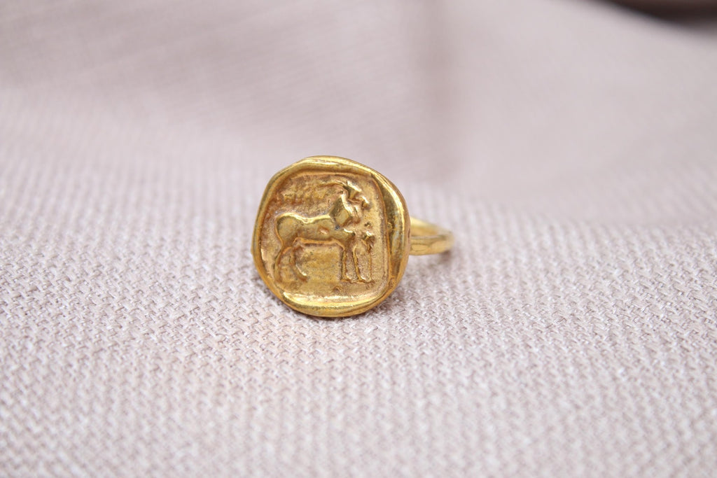 Handmade Goat Coin Ring Sterling Silver Signet Ring Animal Symbol Jewelry