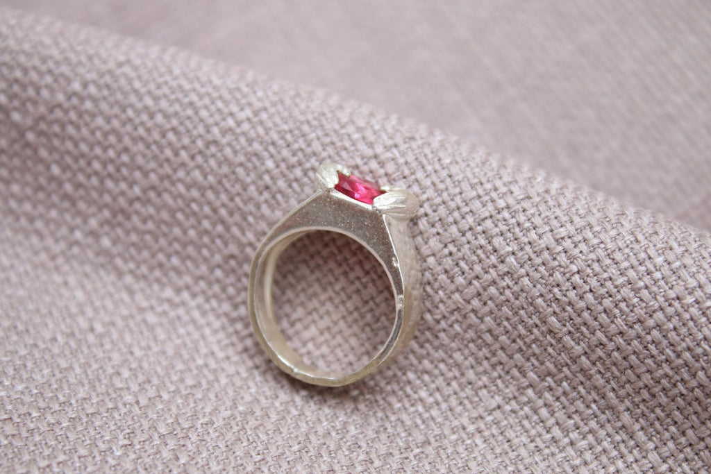 Ruby Statement Ring Sterling Silver Handmade Lab Ruby Ring Holding Love Design